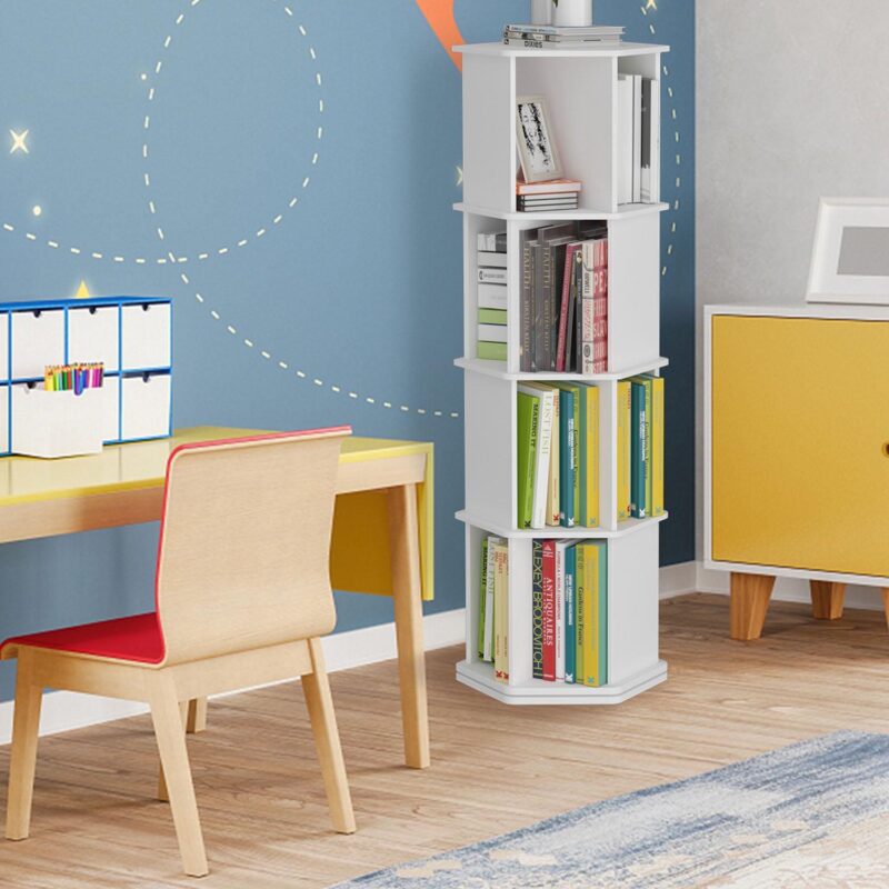 tonchean 4 Tier 360A Rotating Bookshelf Kids, 52 H Floor Standing Bookcase Organizer Rack for Kids and Adults Study Gift, White Wood
