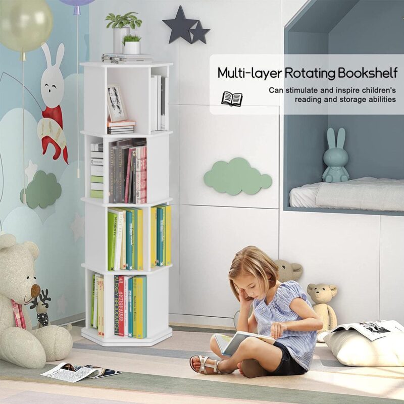 tonchean 4 Tier 360A Rotating Bookshelf Kids, 52 H Floor Standing Bookcase Organizer Rack for Kids and Adults Study Gift, White Wood - Image 4