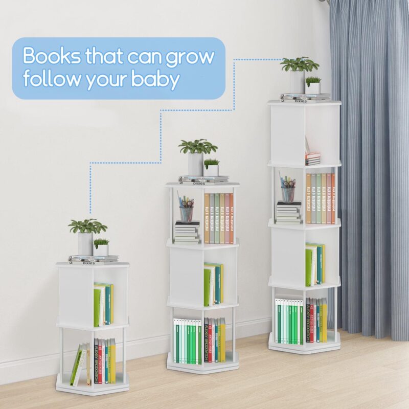 tonchean 4 Tier 360A Rotating Bookshelf Kids, 52 H Floor Standing Bookcase Organizer Rack for Kids and Adults Study Gift, White Wood - Image 3