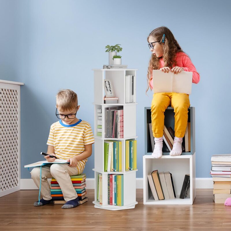 tonchean 4 Tier 360A Rotating Bookshelf Kids, 52 H Floor Standing Bookcase Organizer Rack for Kids and Adults Study Gift, White Wood - Image 7