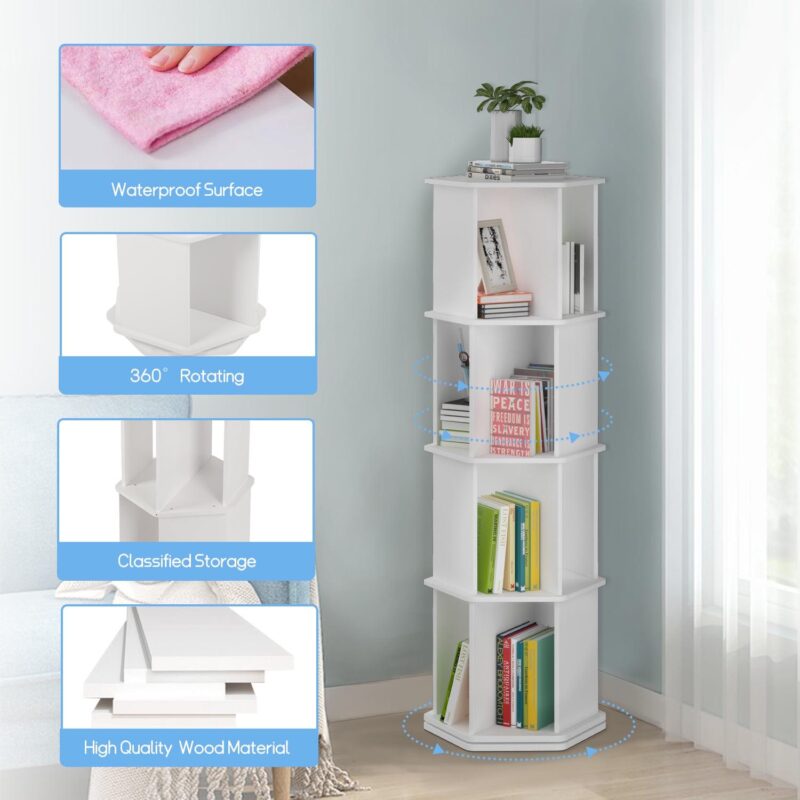 tonchean 4 Tier 360A Rotating Bookshelf Kids, 52 H Floor Standing Bookcase Organizer Rack for Kids and Adults Study Gift, White Wood - Image 5