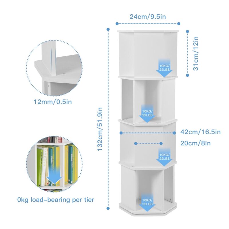 tonchean 4 Tier 360A Rotating Bookshelf Kids, 52 H Floor Standing Bookcase Organizer Rack for Kids and Adults Study Gift, White Wood - Image 2