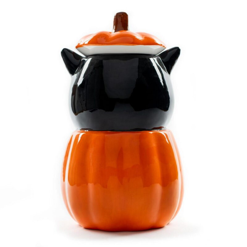 100 North Black Cat Pumpkin 11 x 6.3 Dolomite Ceramic Halloween Cookie Jar - Image 5