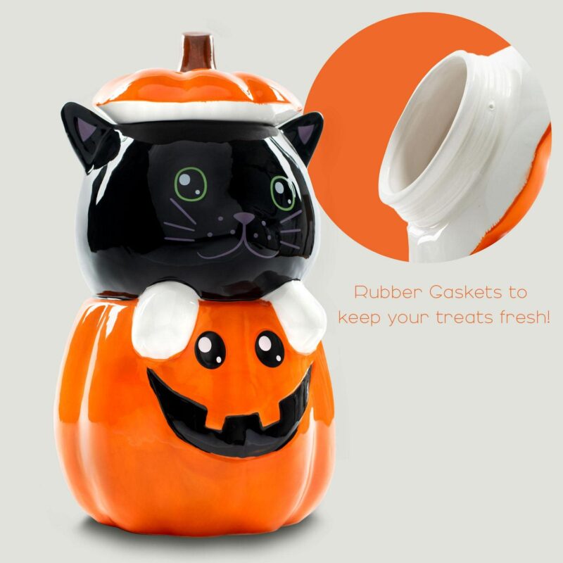 100 North Black Cat Pumpkin 11 x 6.3 Dolomite Ceramic Halloween Cookie Jar - Image 4