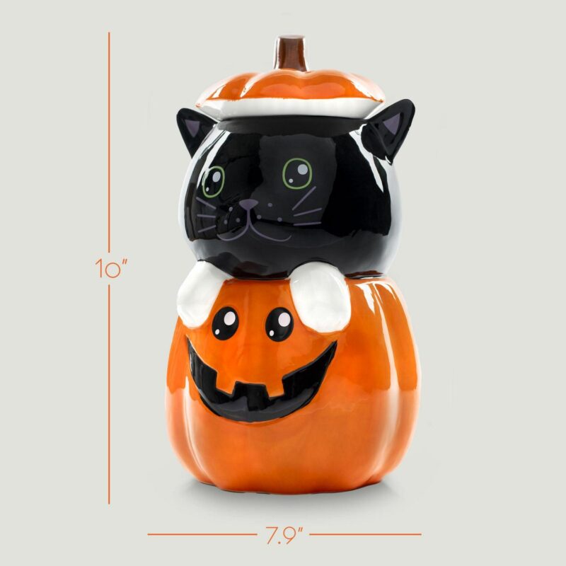 100 North Black Cat Pumpkin 11 x 6.3 Dolomite Ceramic Halloween Cookie Jar - Image 2