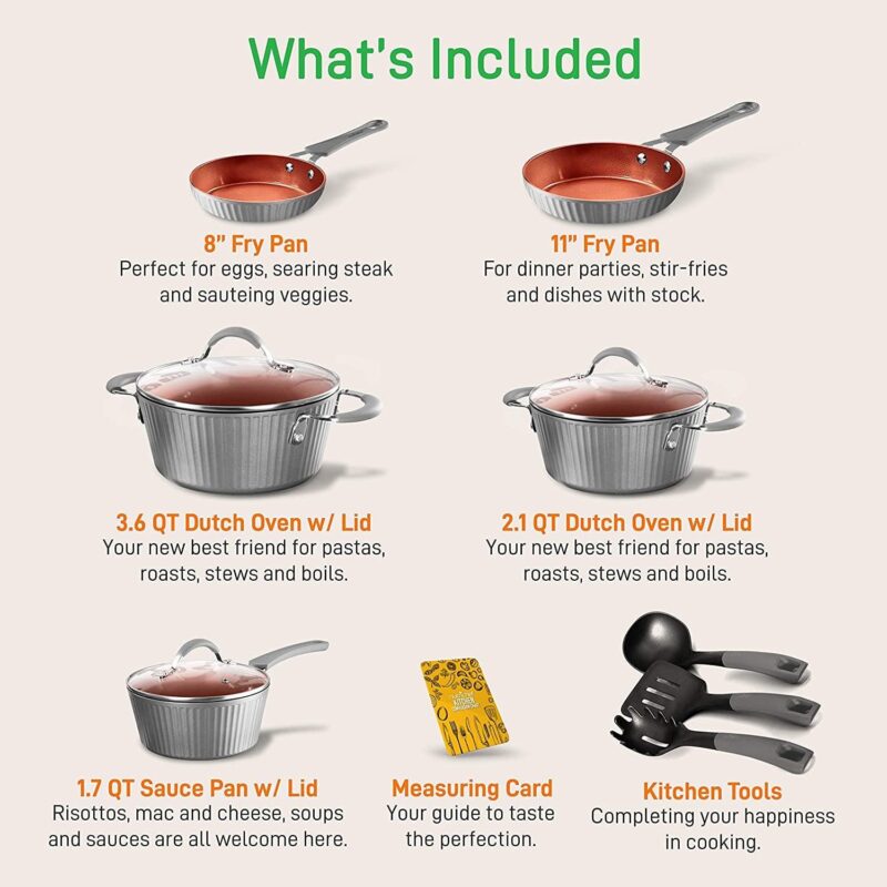 11-Piece Nonstick Cookware Set - Excilon Blue Diamond Ceramic, Dishwasher Safe PTFE/PFOA/APEO-Free Kitchen Ware Pots and Pan Set w/ Saucepan, Frying Pans, Cooking and Dutch Oven, Lids - NCCW11GL - Image 2