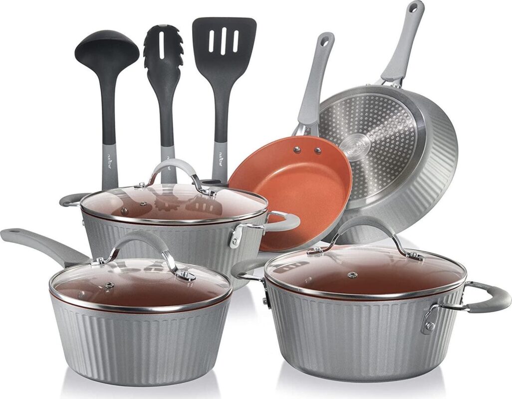 11-Piece Nonstick Cookware Set - Excilon Blue Diamond Ceramic, Dishwasher Safe PTFE/PFOA/APEO-Free Kitchen Ware Pots and Pan Set w/ Saucepan, Frying Pans, Cooking and Dutch Oven, Lids - NCCW11GL