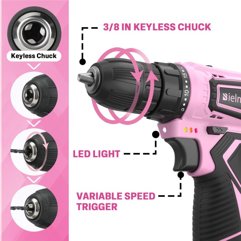 12V Pink Cordless Drill Kit for Women - Essential Tools for DIY and House Projects, Ladies Tool Set with Pink Accessories, - Image 3