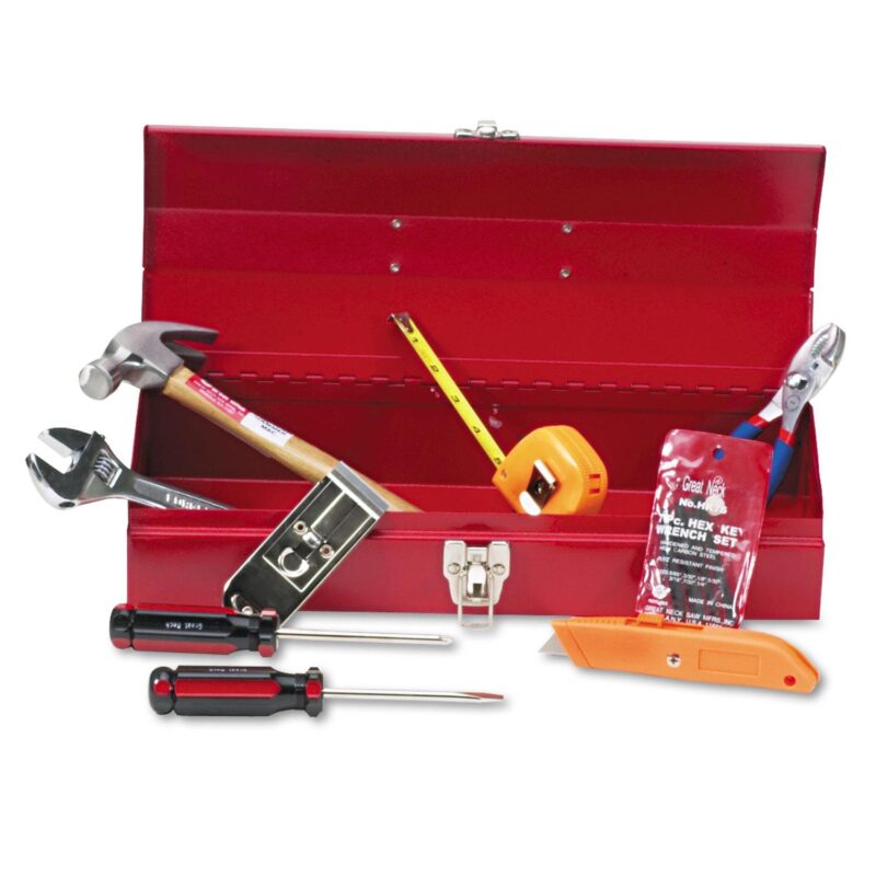 16-Piece Light-Duty Office Tool Kit Metal Box, Red - Image 2