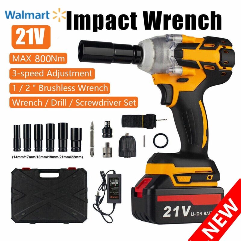 21V Cordless Impact Wrench 1/2 , 800Nm Brushless High Torque Impact Drill Driver Kit with LED Light