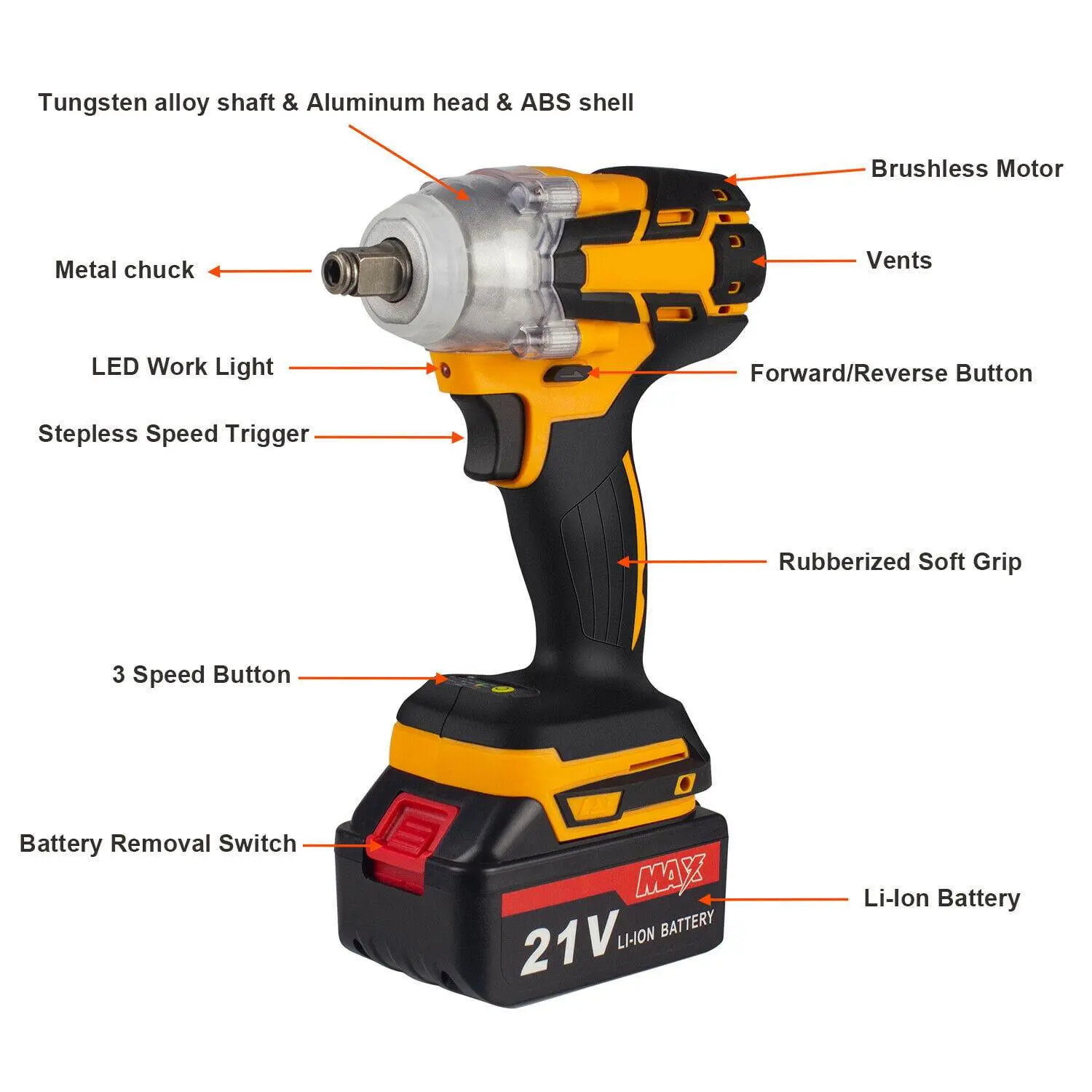 21V Cordless Impact Wrench 1/2 , 800Nm Brushless High Torque Impact Drill Driver Kit with LED Light 9 21V Cordless Impact Wrench 1/2 , 800Nm Brushless High Torque Impact Drill Driver Kit with LED Light - Image 9