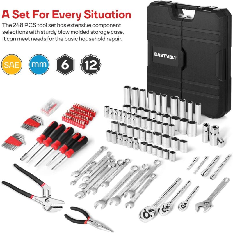248 Pieces Mechanics Tool Set, General Purpose Mixed Sockets and Wrenches, Hand Tool Set Auto Repair Tool Kit with Storage Case - Image 6