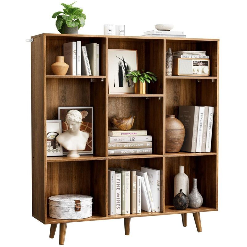 3 Tier 9 Cube Storage Organizer,Wood Bookcase Bookshelf with 3 Height-Adjustable Shelves and Solid Legs for Home Office