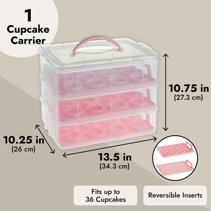 3 Tier Cupcake Carrier with Lid and Handle, Holds 36 Cupcakes (Pink, 13.5 x 10.25 x 10.75 In) - Image 4