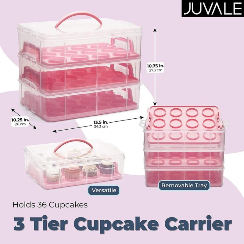 3 Tier Cupcake Carrier with Lid and Handle, Holds 36 Cupcakes (Pink, 13.5 x 10.25 x 10.75 In) - Image 5