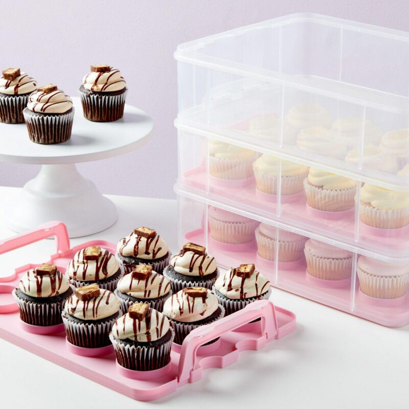 3 Tier Cupcake Carrier with Lid and Handle, Holds 36 Cupcakes (Pink, 13.5 x 10.25 x 10.75 In) - Image 3