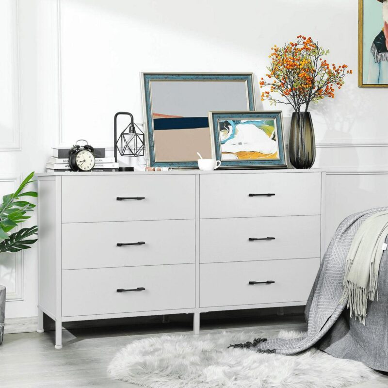 47.3'' Drawer Dresser Chest of 6 Drawers, Storage Dresser Tower for Bedroom, Living Room, Hallway, Nursery, White Storage Cabinet Wooden Dresser with Steel Frame, White - Image 6