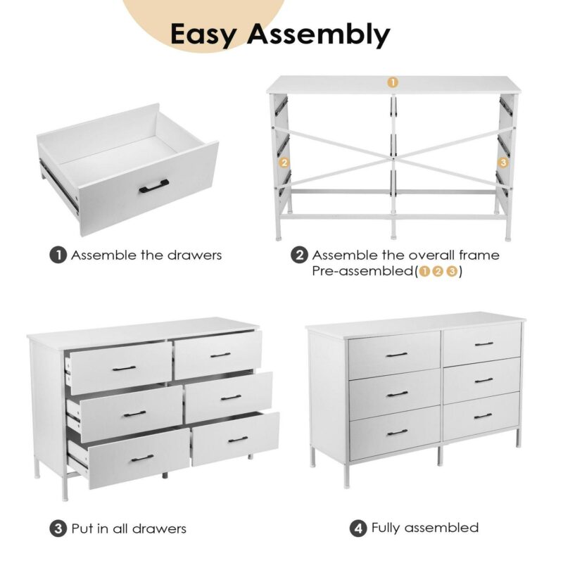 47.3'' Drawer Dresser Chest of 6 Drawers, Storage Dresser Tower for Bedroom, Living Room, Hallway, Nursery, White Storage Cabinet Wooden Dresser with Steel Frame, White - Image 10