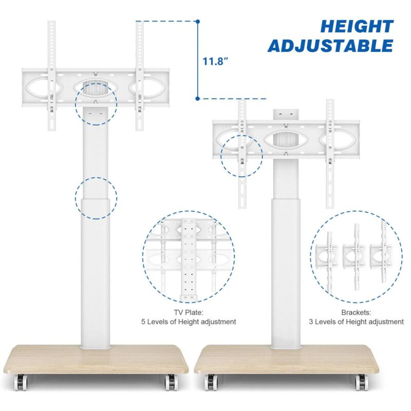 5Rcom Modern Floor Rolling TV Stand for TVs up to 70 inch, White, Wooden Base - Image 7