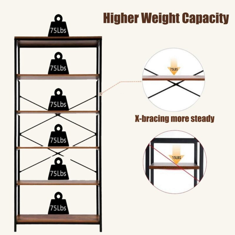 5-Tier Wooden Bookcase Storage Shelves Organizer, Retro Bookshelf Plant Display Shelf, Wood and Steel Frame Open Wide for Balcony - Image 13