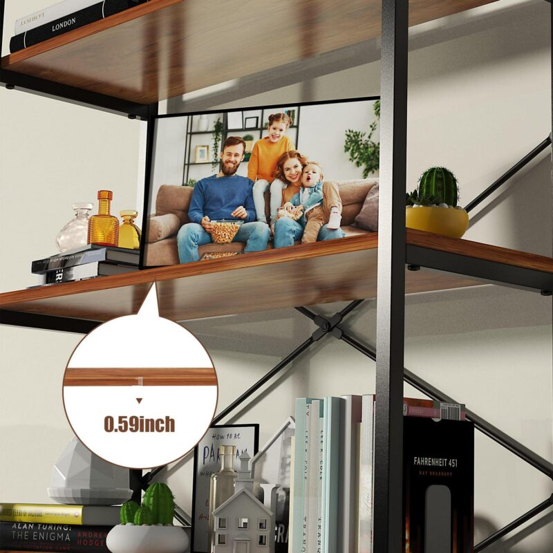 5-Tier Wooden Bookcase Storage Shelves Organizer, Retro Bookshelf Plant Display Shelf, Wood and Steel Frame Open Wide for Balcony - Image 8