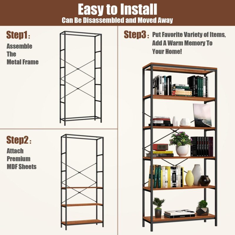 5-Tier Wooden Bookcase Storage Shelves Organizer, Retro Bookshelf Plant Display Shelf, Wood and Steel Frame Open Wide for Balcony - Image 9