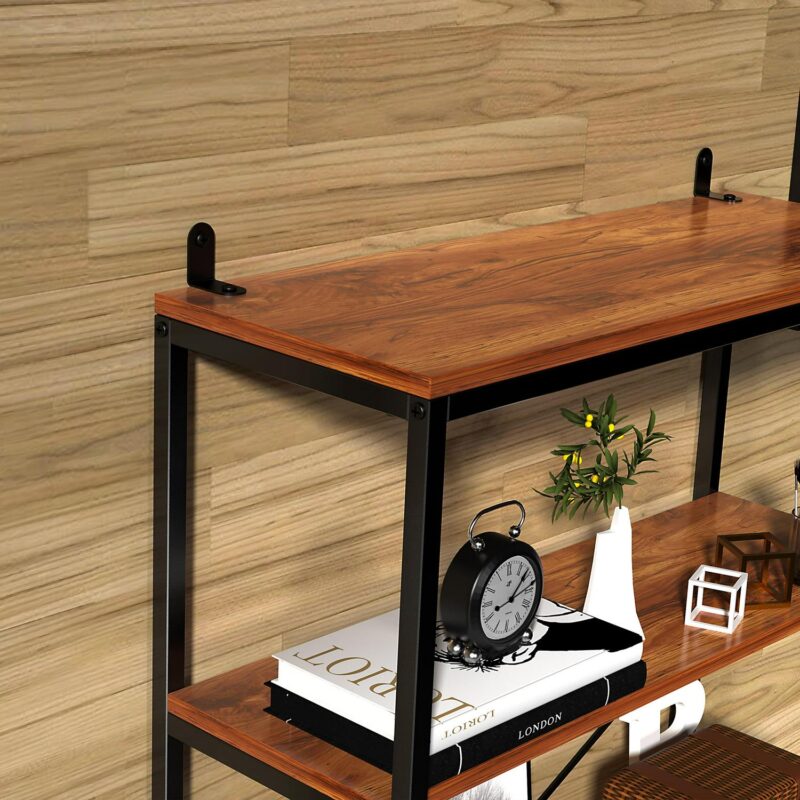 5-Tier Wooden Bookcase Storage Shelves Organizer, Retro Bookshelf Plant Display Shelf, Wood and Steel Frame Open Wide for Balcony - Image 7