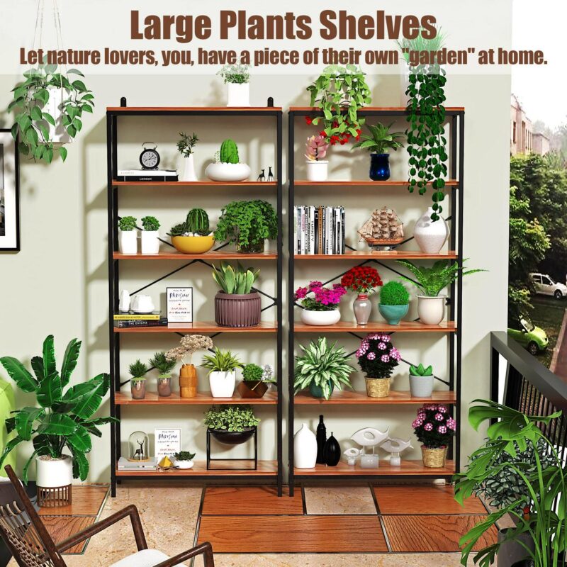 5-Tier Wooden Bookcase Storage Shelves Organizer, Retro Bookshelf Plant Display Shelf, Wood and Steel Frame Open Wide for Balcony - Image 10