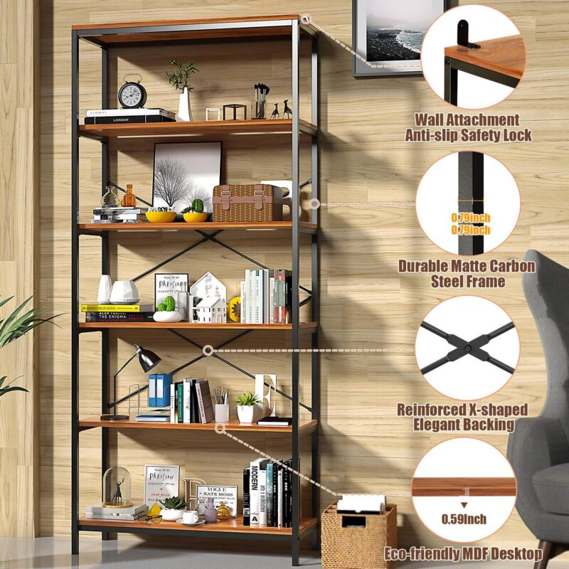 5-Tier Wooden Bookcase Storage Shelves Organizer, Retro Bookshelf Plant Display Shelf, Wood and Steel Frame Open Wide for Balcony - Image 11