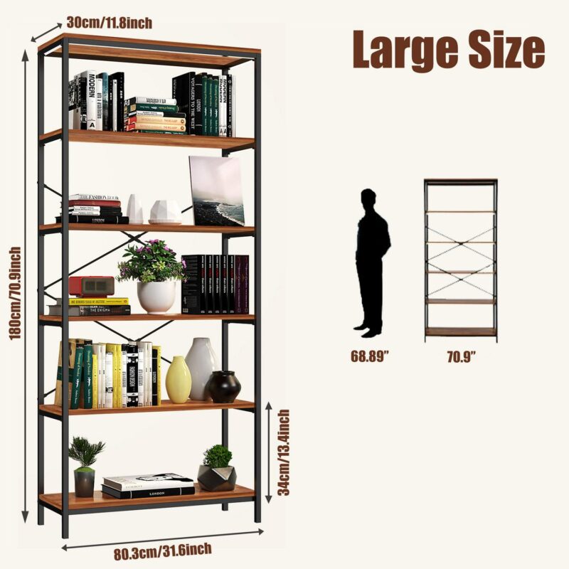 5-Tier Wooden Bookcase Storage Shelves Organizer, Retro Bookshelf Plant Display Shelf, Wood and Steel Frame Open Wide for Balcony - Image 6