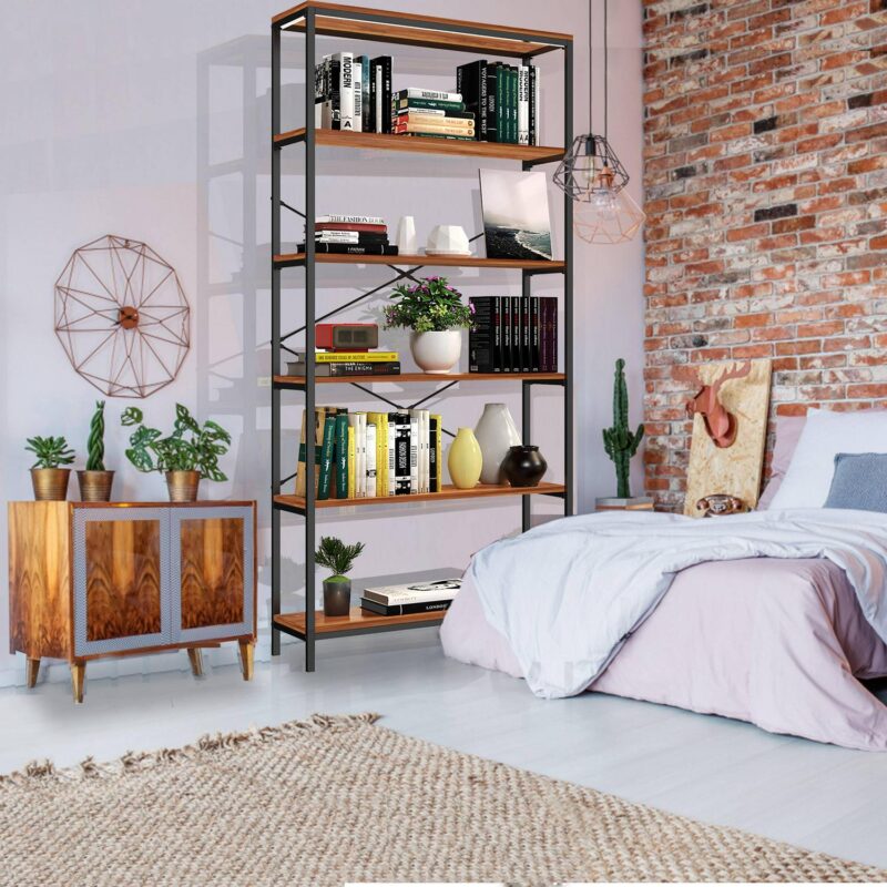 5-Tier Wooden Bookcase Storage Shelves Organizer, Retro Bookshelf Plant Display Shelf, Wood and Steel Frame Open Wide for Balcony - Image 3