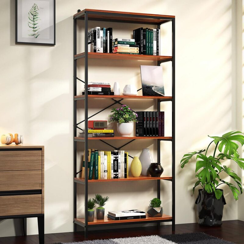 5-Tier Wooden Bookcase Storage Shelves Organizer, Retro Bookshelf Plant Display Shelf, Wood and Steel Frame Open Wide for Balcony - Image 12