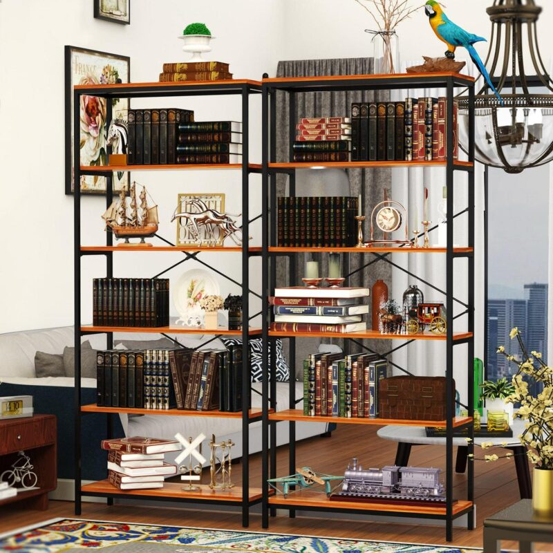 5-Tier Wooden Bookcase Storage Shelves Organizer, Retro Bookshelf Plant Display Shelf, Wood and Steel Frame Open Wide for Balcony - Image 5