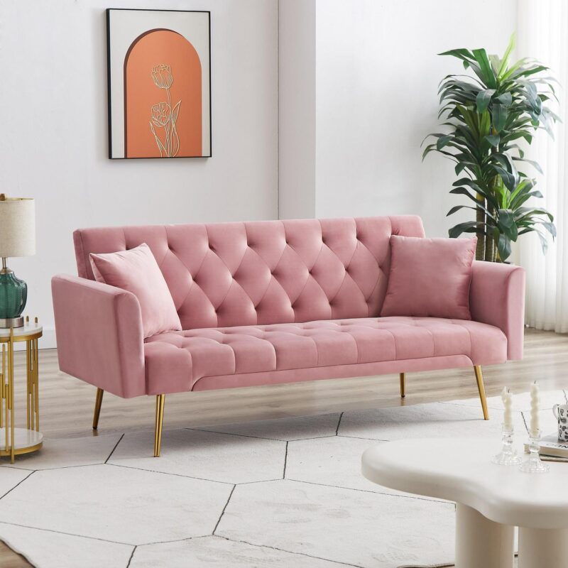 71 Inches Velvet Futon Sofa Bed with 2 Pillows,Modern Convertible Futon Couch with 3 Adjustable Backrest Angles and Gold Metal Feet,Suitable for Apartment,Living Room,Small Space,Pink - Image 5