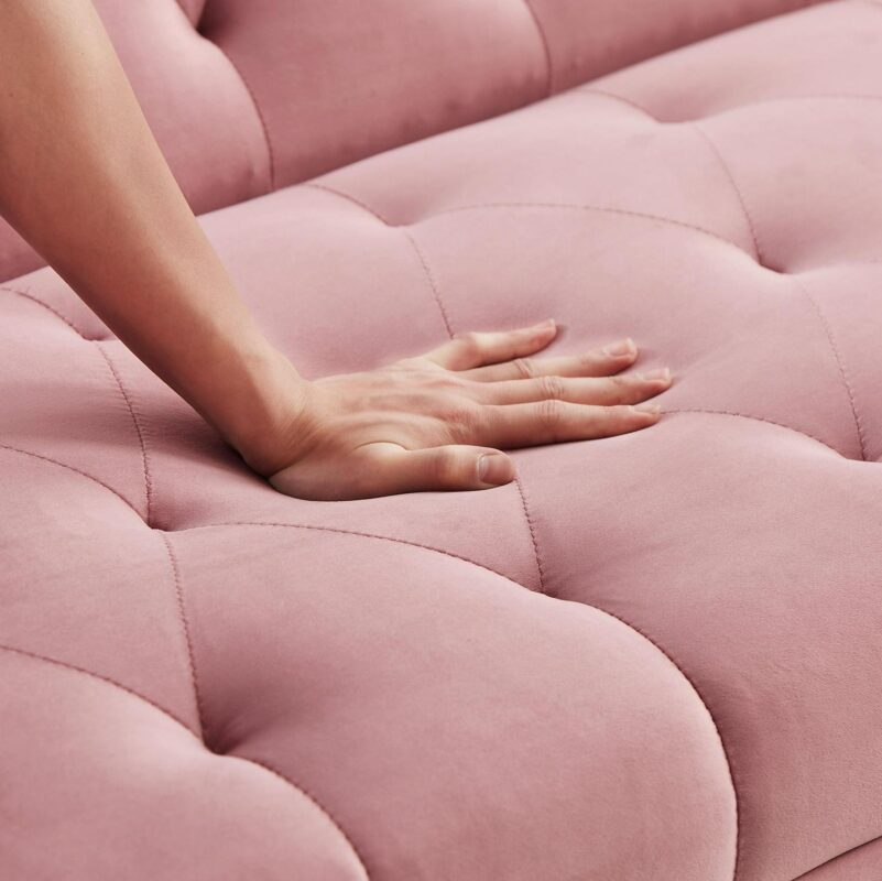 71 Inches Velvet Futon Sofa Bed with 2 Pillows,Modern Convertible Futon Couch with 3 Adjustable Backrest Angles and Gold Metal Feet,Suitable for Apartment,Living Room,Small Space,Pink - Image 6