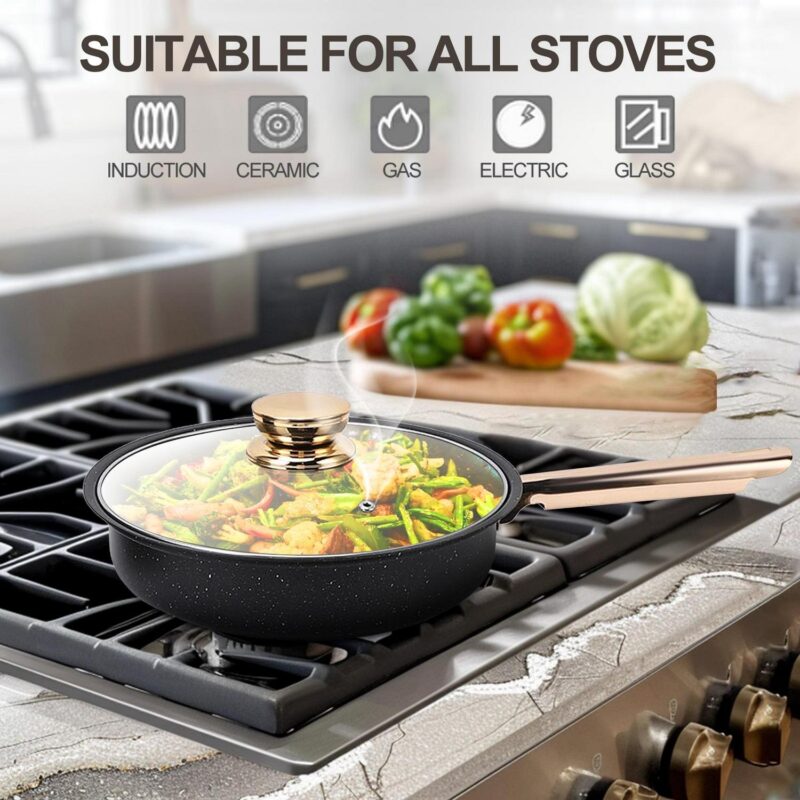 8 Pcs Pots and Pans Set Non Stick, Nonstick Kitchen Cookware Sets, Induction Cookware, For Oven and Dishwasher Safe, Premium Kitchen Cooking Set with Gold Handles, Black - Image 3