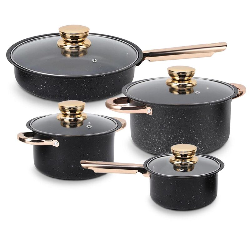 8 Pcs Pots and Pans Set Non Stick, Nonstick Kitchen Cookware Sets, Induction Cookware, For Oven and Dishwasher Safe, Premium Kitchen Cooking Set with Gold Handles, Black