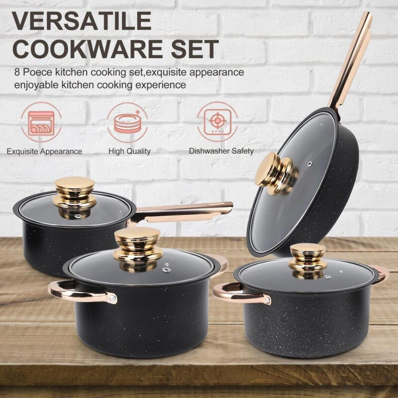 8 Pcs Pots and Pans Set Non Stick, Nonstick Kitchen Cookware Sets, Induction Cookware, For Oven and Dishwasher Safe, Premium Kitchen Cooking Set with Gold Handles, Black - Image 4