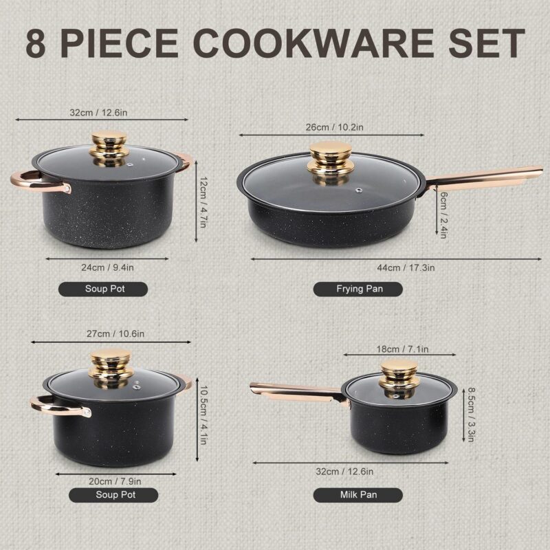 8 Pcs Pots and Pans Set Non Stick, Nonstick Kitchen Cookware Sets, Induction Cookware, For Oven and Dishwasher Safe, Premium Kitchen Cooking Set with Gold Handles, Black - Image 2