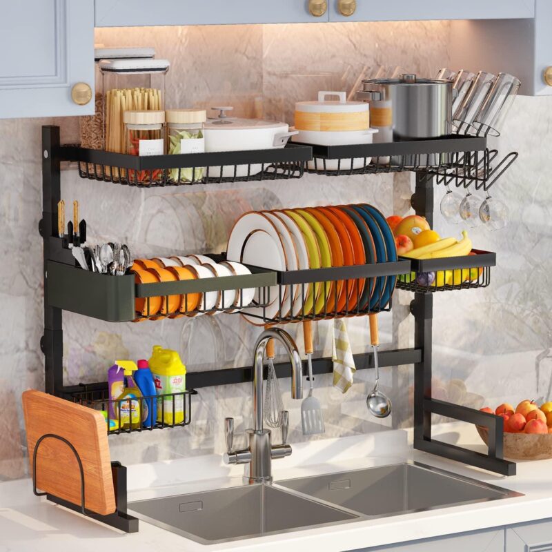 ADBIU 3-Tier Over The Sink Dish Drying Rack, Expandable Length and Height, Snap-On Design
