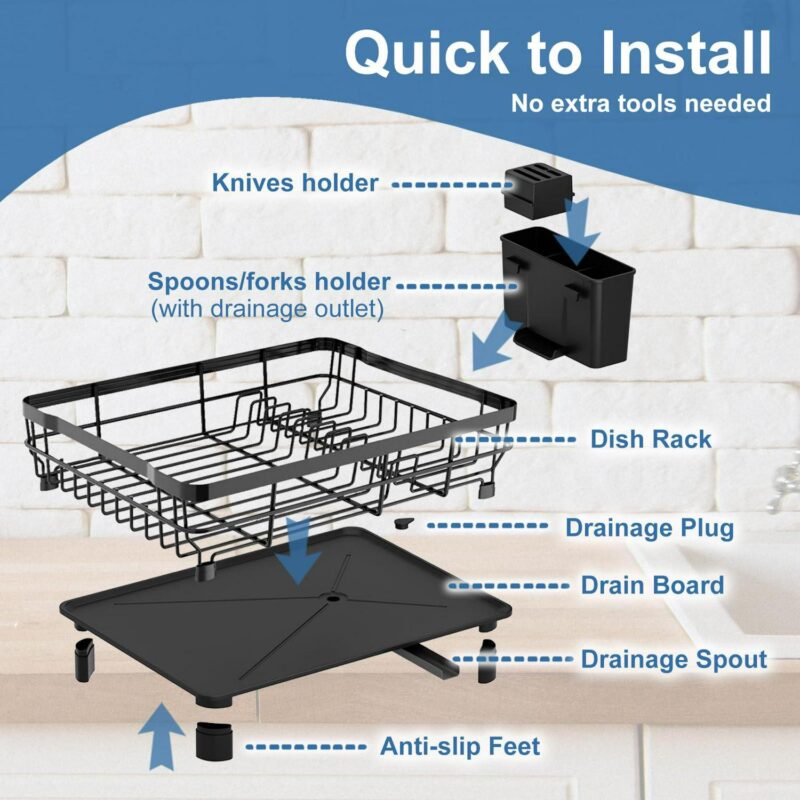 ALSO GO Dish Drying Rack, Large Foldable Dish Drainer, Rustproof Metal Dish Rack with Utensil Holder and Cup Holder, Space-Saving Dish Drying Rack for Kitchen Counter Sink, Black - Image 7