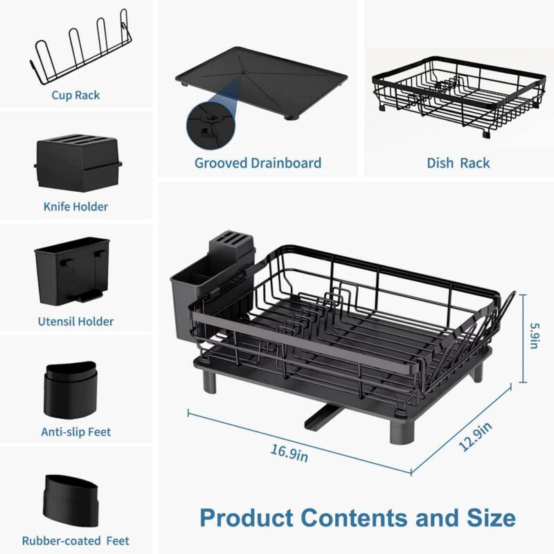 ALSO GO Dish Drying Rack, Large Foldable Dish Drainer, Rustproof Metal Dish Rack with Utensil Holder and Cup Holder, Space-Saving Dish Drying Rack for Kitchen Counter Sink, Black - Image 9