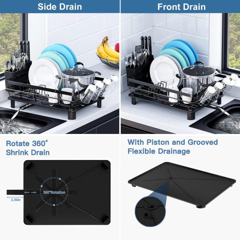ALSO GO Dish Drying Rack, Large Foldable Dish Drainer, Rustproof Metal Dish Rack with Utensil Holder and Cup Holder, Space-Saving Dish Drying Rack for Kitchen Counter Sink, Black - Image 5
