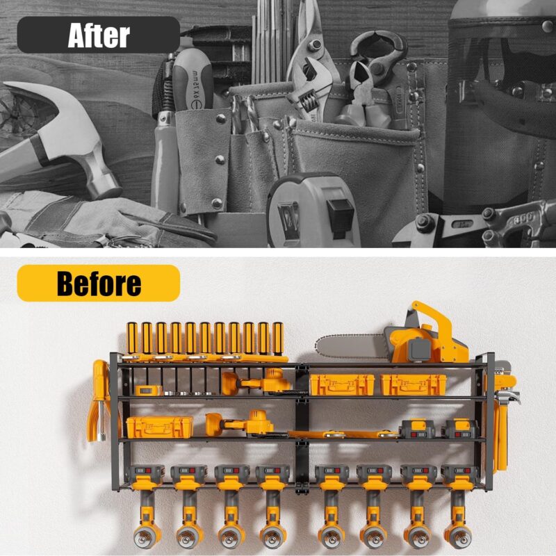 ALSO GO Power Tool Organizer, 8 Drill Holder Wall Mount, 4 Layer Heavy Duty Metal Tool Storage Rack, Battery Tools Holder Shelf,Utility Tool Shelves for Workshop or Garage, Black - Image 5