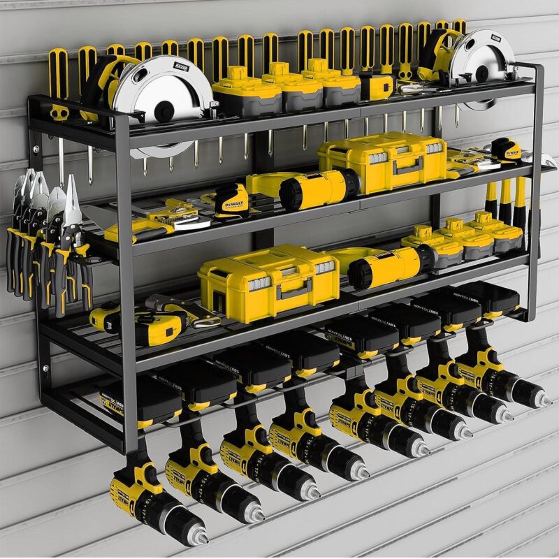 ALSO GO Power Tool Organizer, 8 Drill Holder Wall Mount, 4 Layer Heavy Duty Metal Tool Storage Rack, Battery Tools Holder Shelf,Utility Tool Shelves for Workshop or Garage, Black