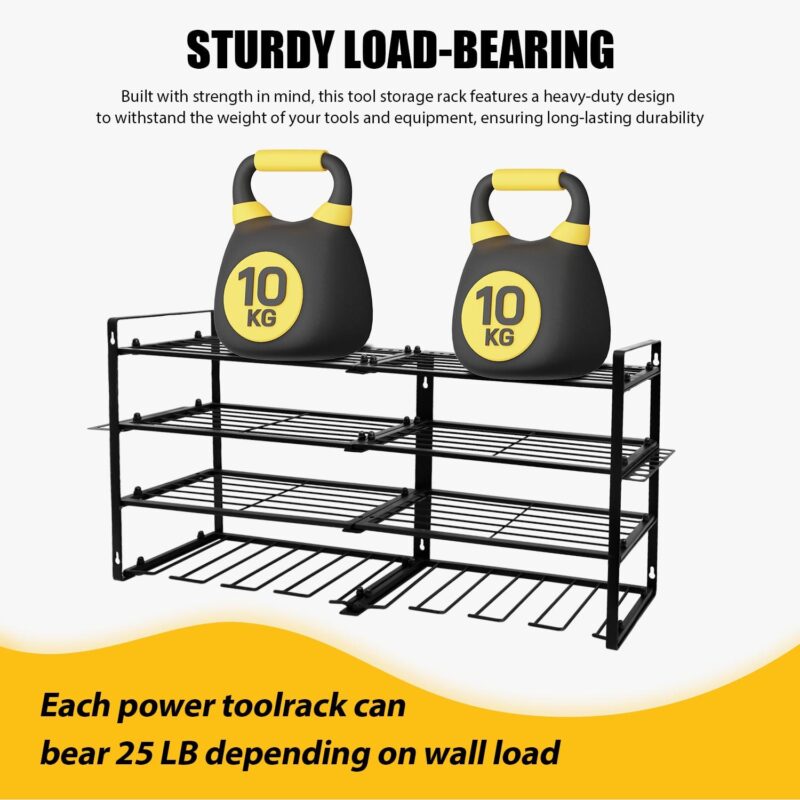 ALSO GO Power Tool Organizer, 8 Drill Holder Wall Mount, 4 Layer Heavy Duty Metal Tool Storage Rack, Battery Tools Holder Shelf,Utility Tool Shelves for Workshop or Garage, Black - Image 3
