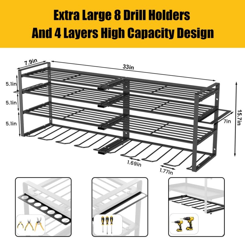 ALSO GO Power Tool Organizer, 8 Drill Holder Wall Mount, 4 Layer Heavy Duty Metal Tool Storage Rack, Battery Tools Holder Shelf,Utility Tool Shelves for Workshop or Garage, Black - Image 8