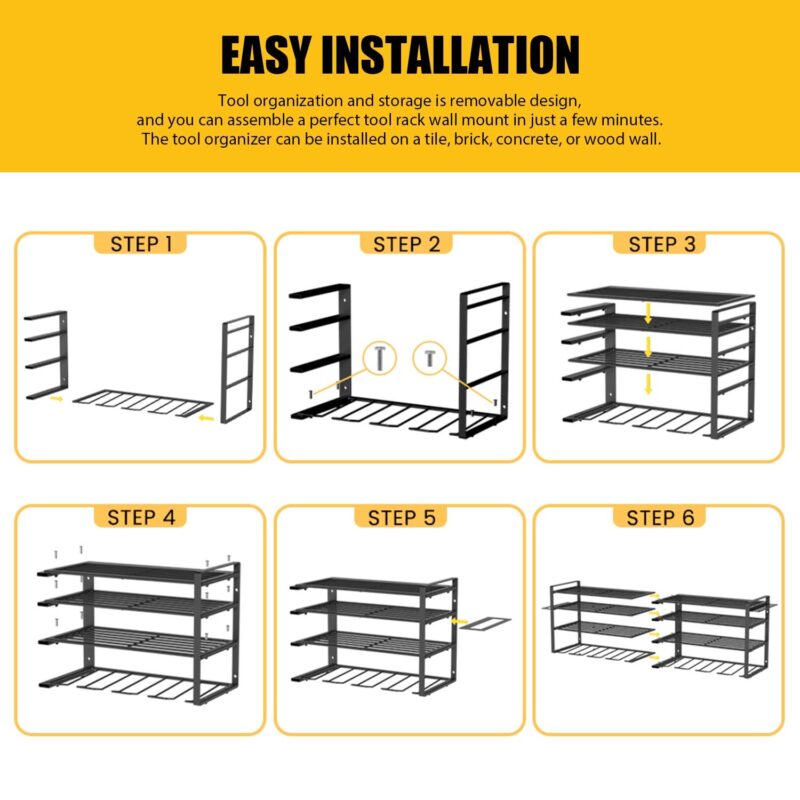 ALSO GO Power Tool Organizer, 8 Drill Holder Wall Mount, 4 Layer Heavy Duty Metal Tool Storage Rack, Battery Tools Holder Shelf,Utility Tool Shelves for Workshop or Garage, Black - Image 9