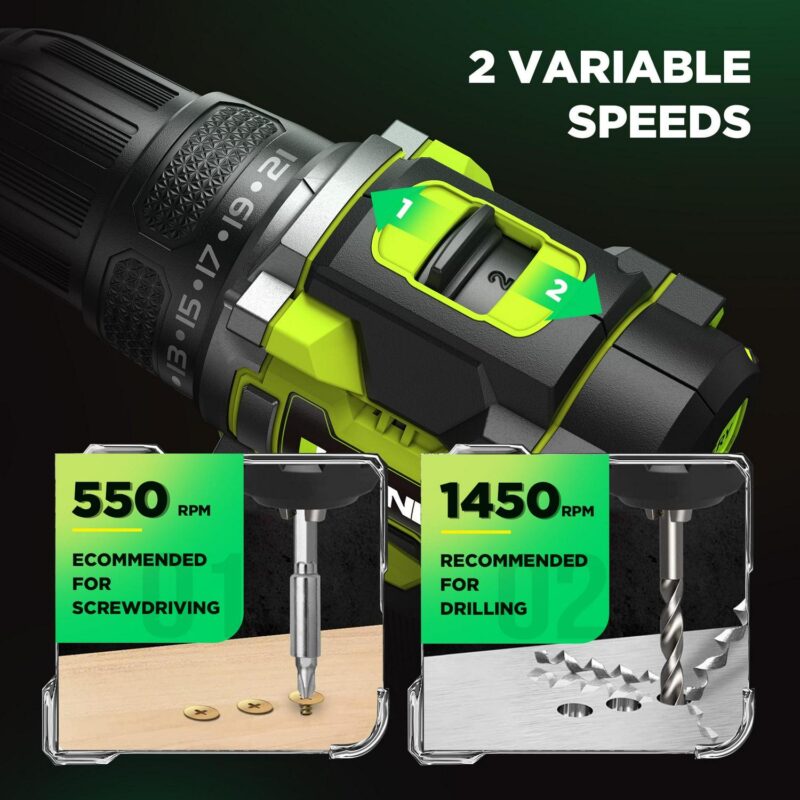 ATUPEN Cordless Power Drill Set - 21V Electric Drill with 2*2Ah Batteries 2 Variable Speed 21 Torque Setting 3/8 inch Power Tools Kit Drill Driver Accessories,Black - Image 5