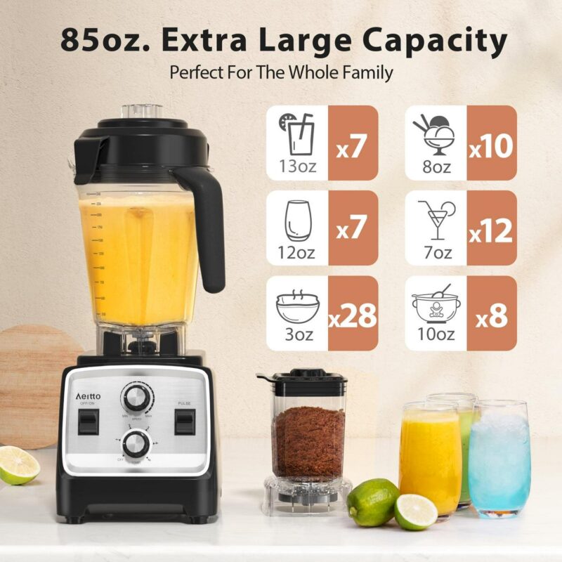 Aeitto Blender, Blenders for Kitchen with 1800W Motor, 85 Oz. Large Capacity, 2-in-1 Blender and Grinder Combo, BPA-Free Countertop Professional Blender for Smoothies, Ice Crush, Frozen Drinks, Silver - Image 2